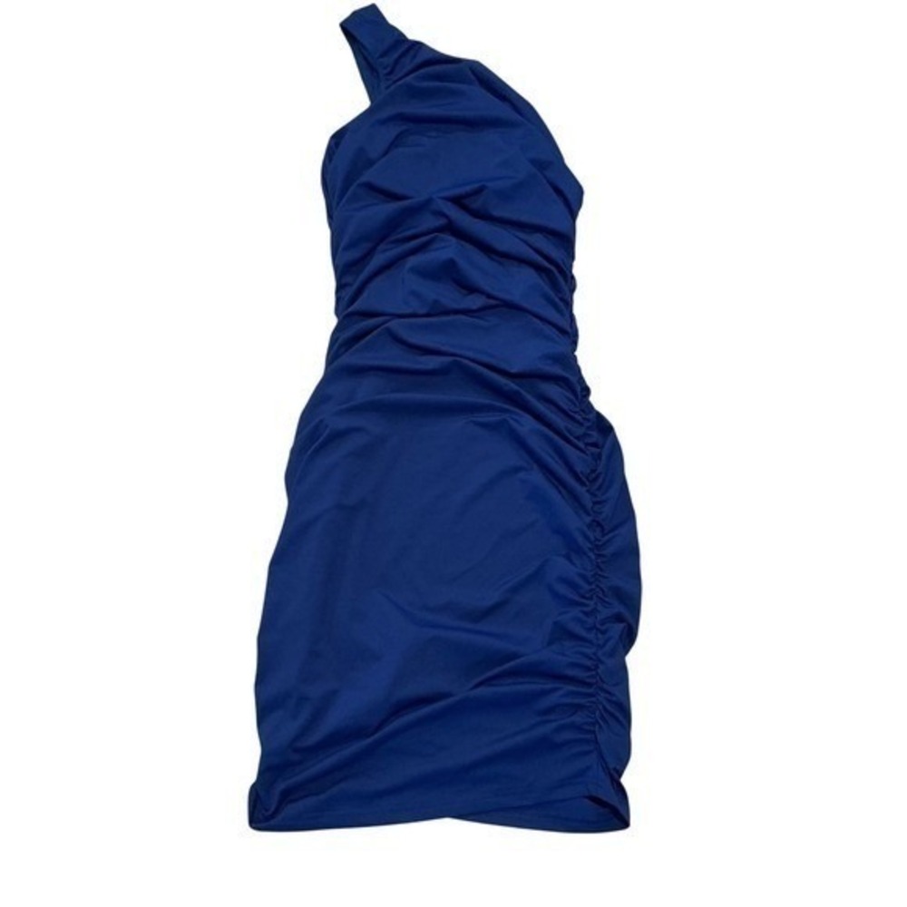 Womens S One Shoulder Mini Dress Blue Ruched Bodycon Party Cocktail Night Out - Picture 3 of 8